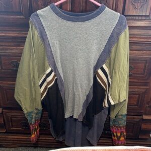We The Free Gray and Olive Patchwork Long Sleeve Top